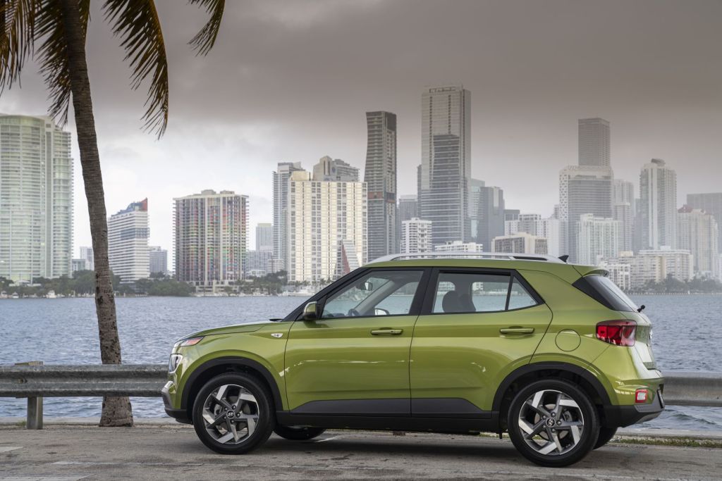Hyundai Venue parked under a palm tree with the city in the background
