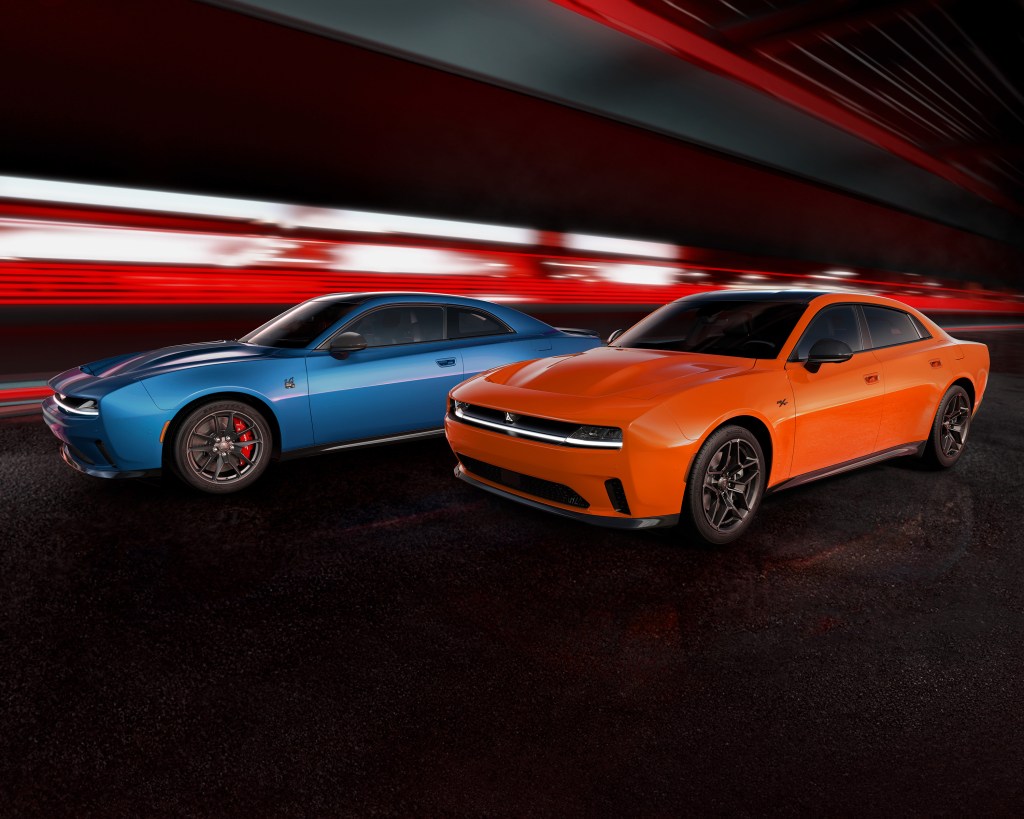 Dodge Charger Daytona two-door model in blue, and four-door model in orange