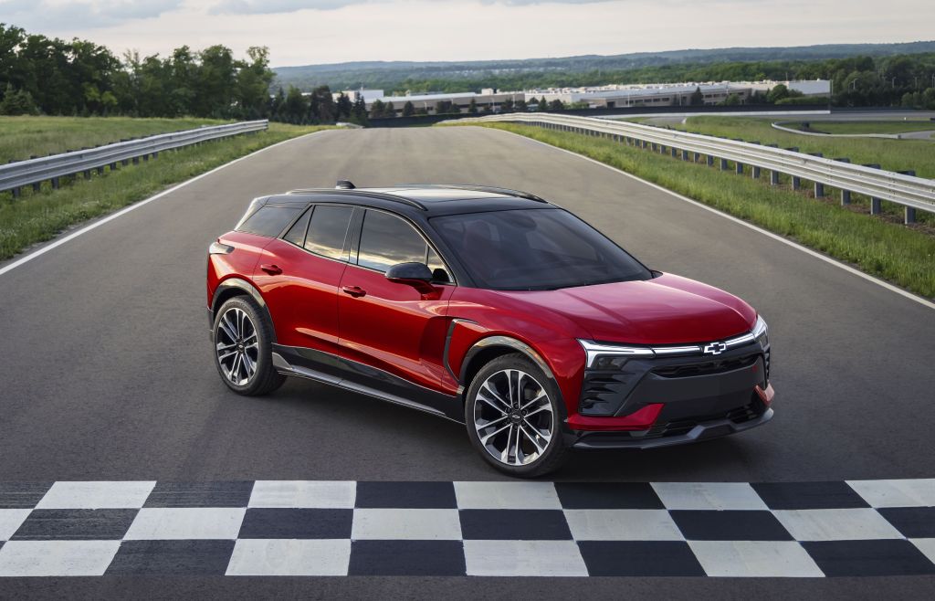 2025 Chevrolet Blazer EV SS parked in front of checkered flag line on a race track