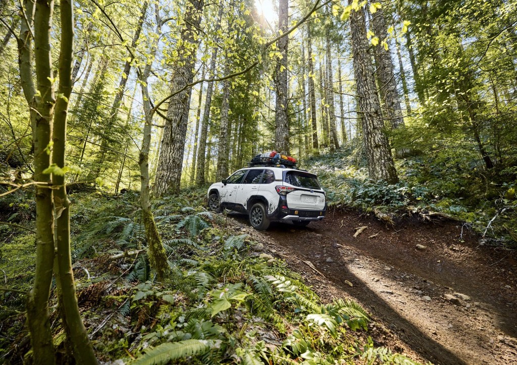 2026 Subaru Forester Wilderness driving through forest trail