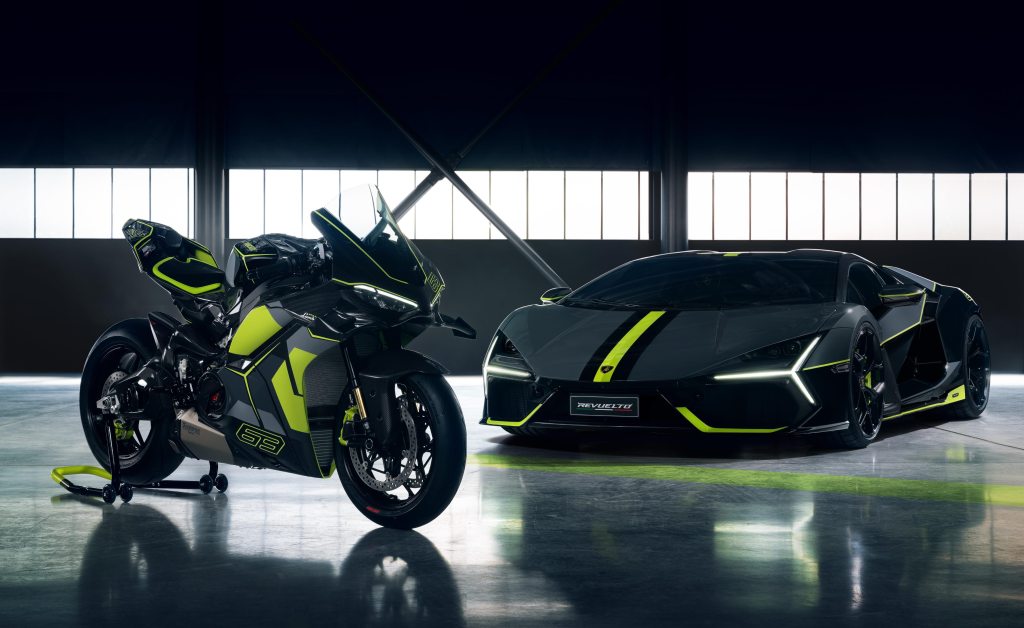 Ducati Panigale V4 and Lamborghini Revuelto with Verde Scandal highlights