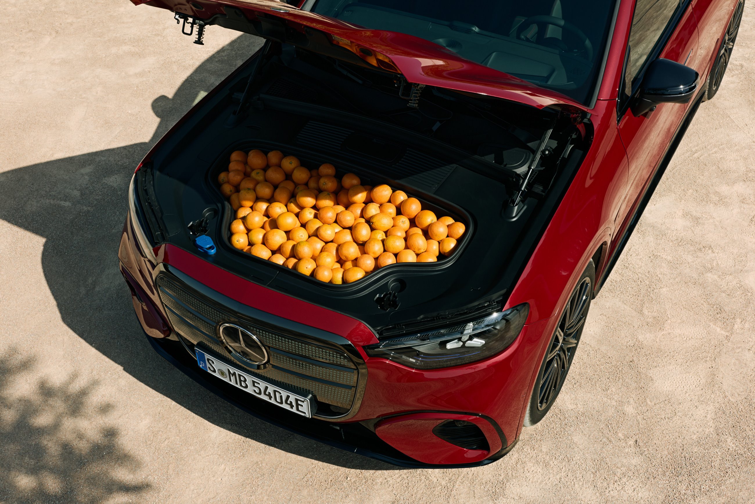 Oranges inside frunk of Mercedes-Benz GLC with EQ Technology