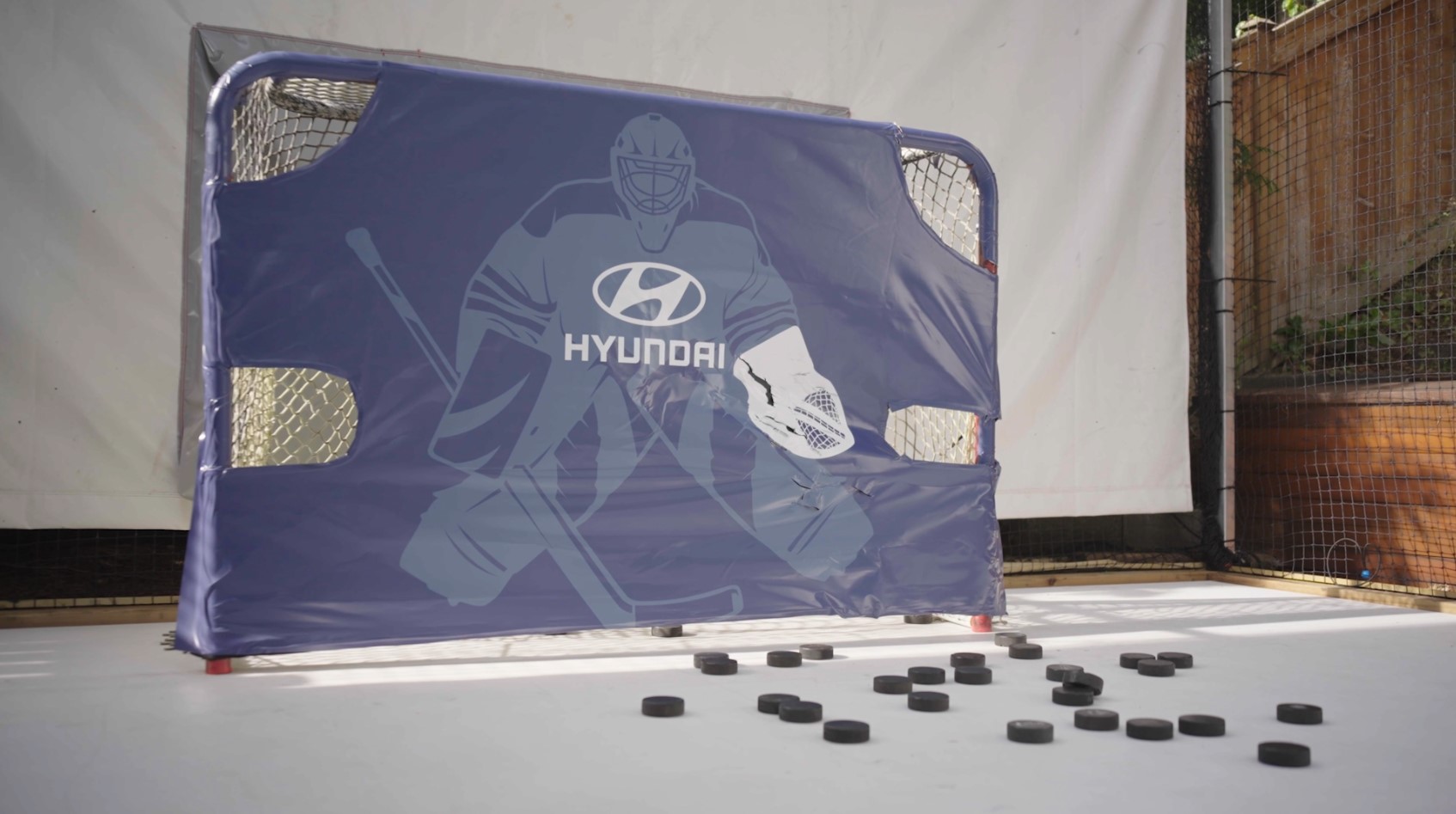 Hockey net with Hyundai wrap