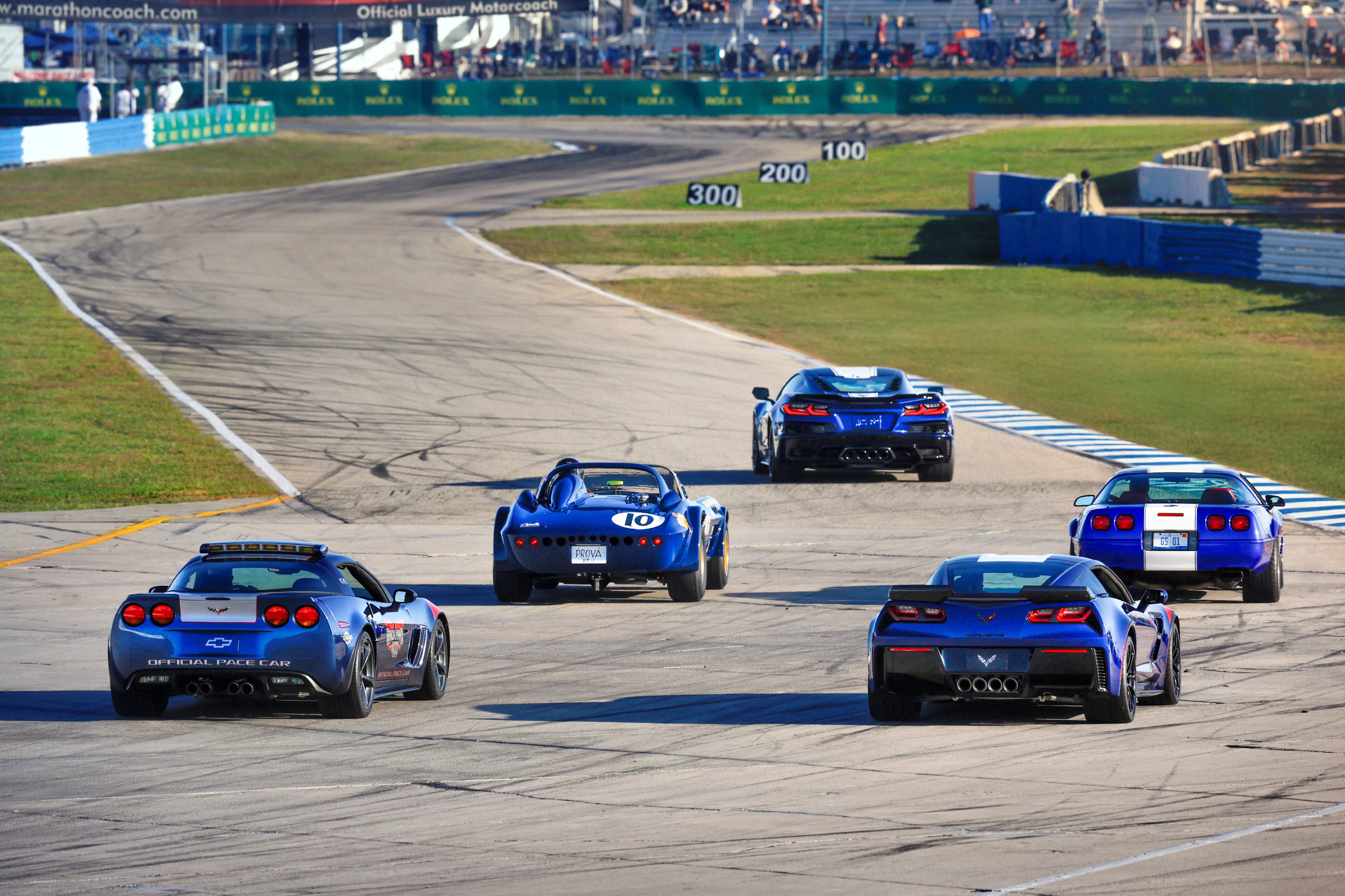 C2, C4, C6, C7 and C8 Chevrolet Corvette Grand Sports marshal the Twelve Hours of Sebring