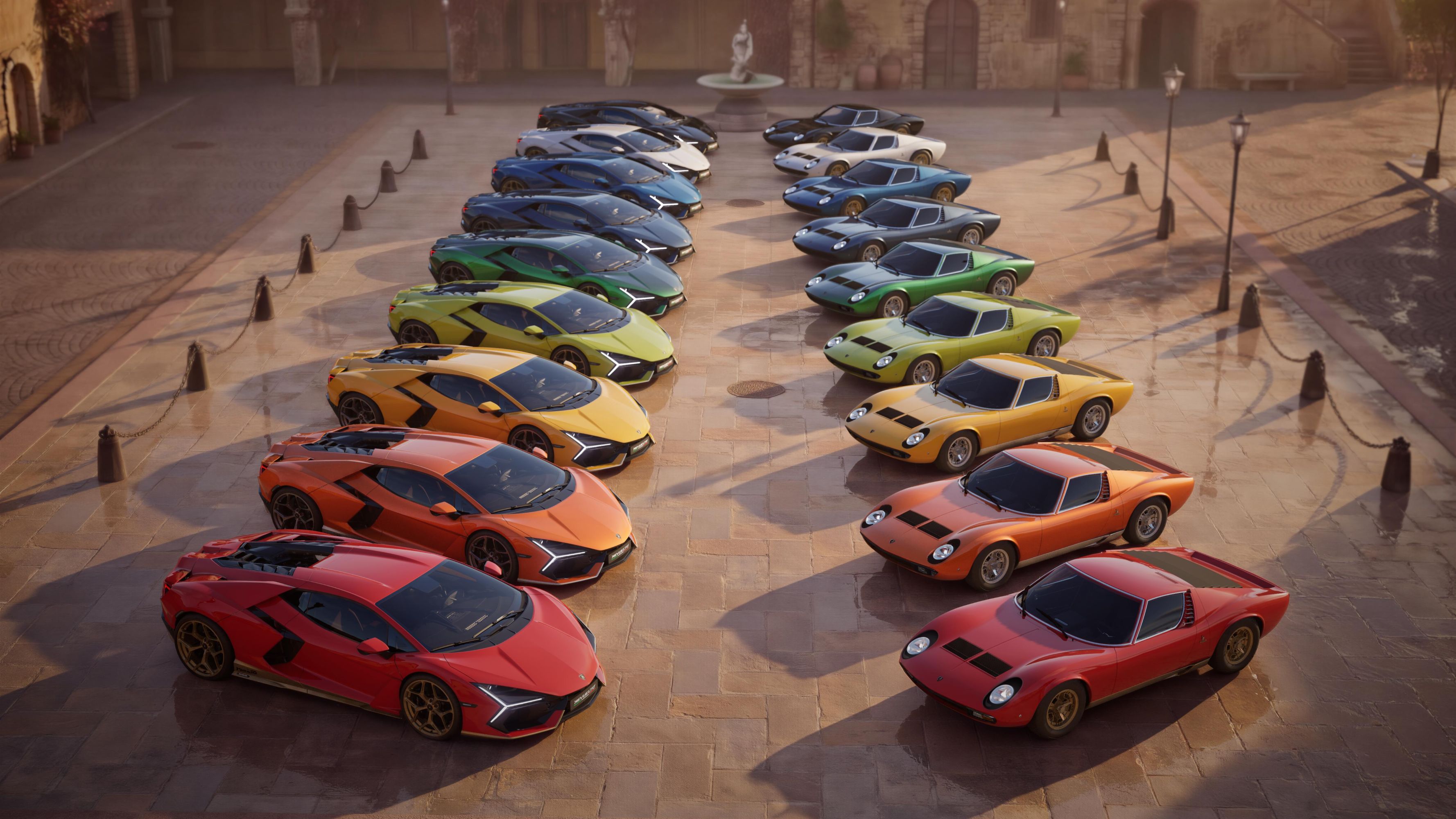 Nine Lamborghini Revuelto Miura 60° Homage cars with nine Miura cars