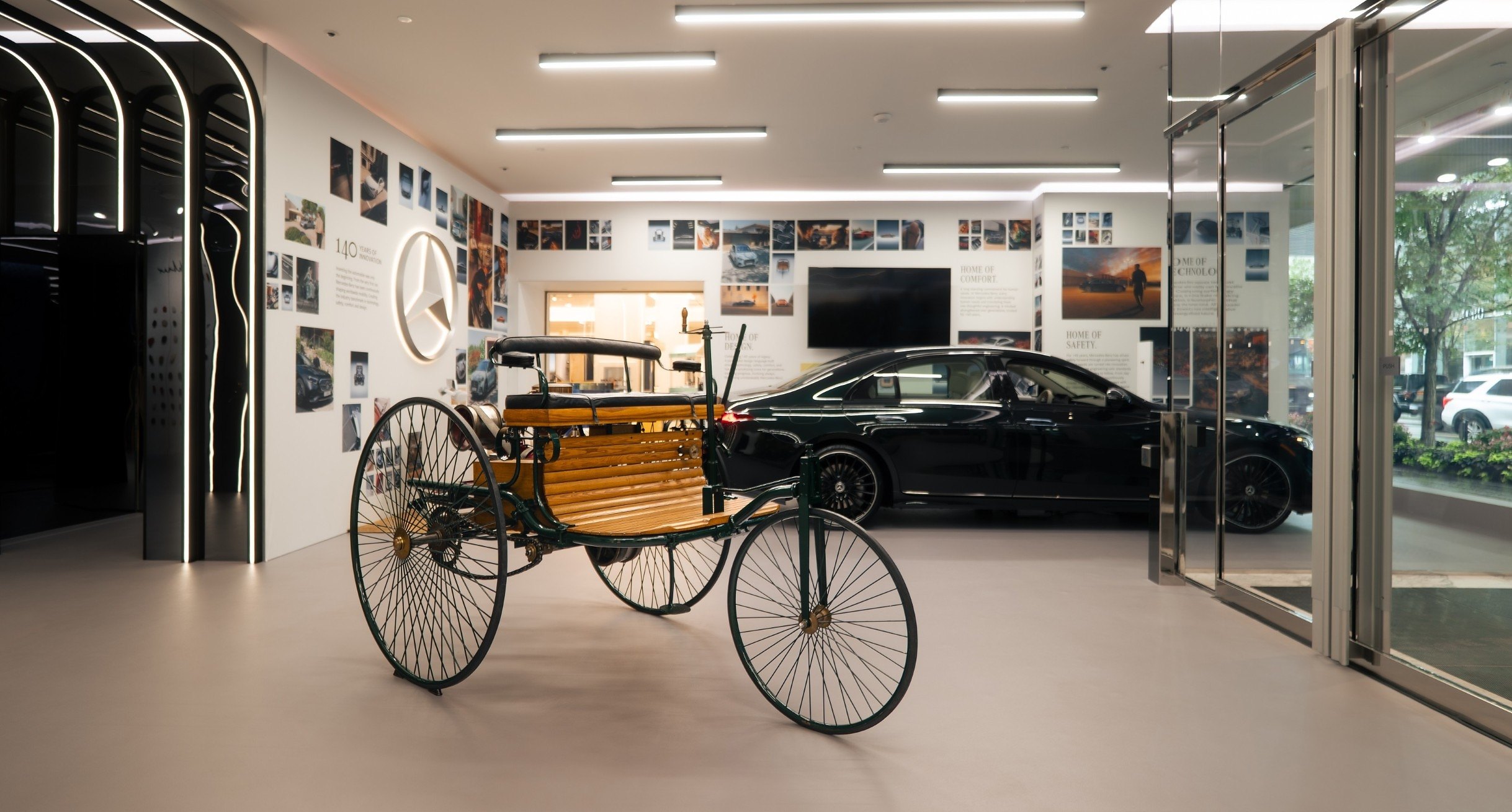 Mercedes-Benz S-Class with Benz Patent-Motorwagen replica on display at Mercedes-Benz Studio Toronto