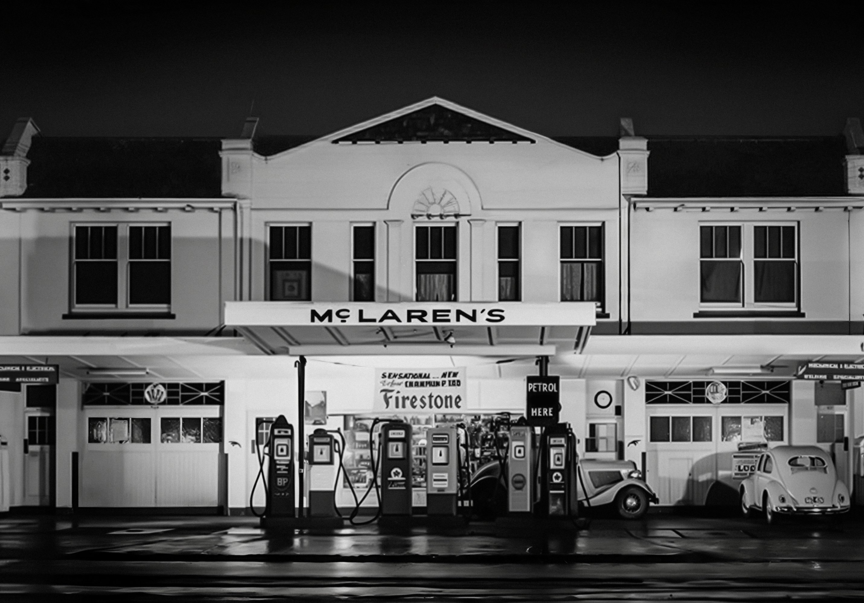 McLaren's Service Station black and white photo